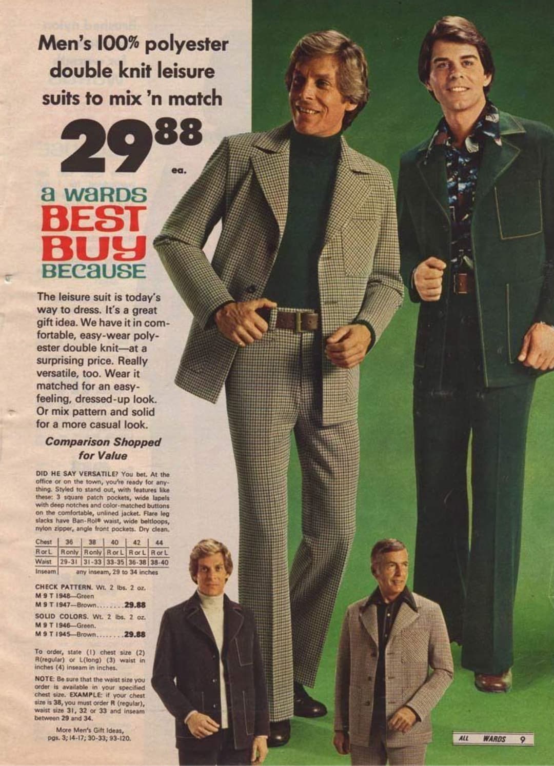 polyester suit 70s - Men's 100% polyester double knit leisure suits to mix 'n match 2988 a waRDS Best Buy Because The leisure suit is today's way to dress. It's a great gift idea. We have it in com fortable, easywear poly ester double knitat a surprising